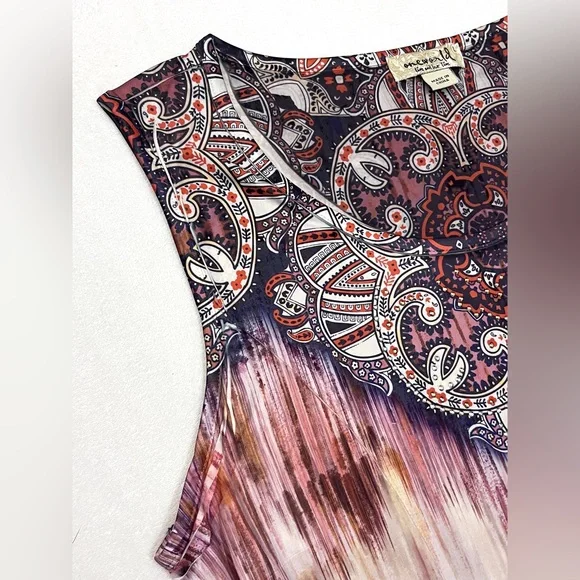 ONE WORLD Live & Let Live Sleeveless Boho Ombre Print Paisley Neckline Dress - Picture 4 of 16